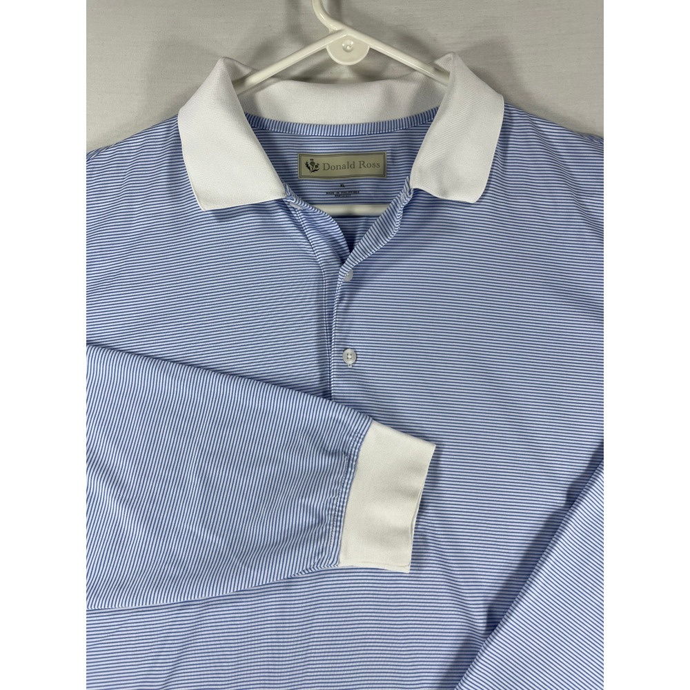 Donald Ross Mens XL Blue White Striped Long Sleeve Golf Polo Shirt Flag Logo
